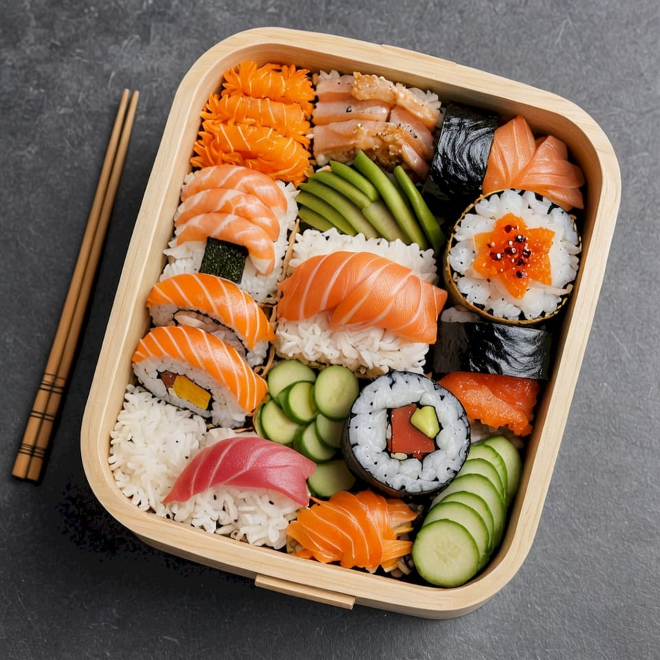 A wooden bento box filled with various sushi, sashimi, and cucumber slices, with chopsticks beside it.