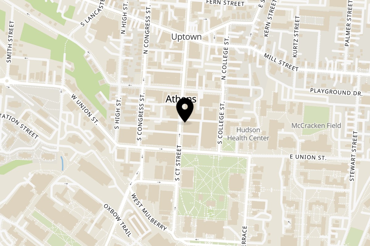Map showing the location of Ginger Asian Kitchen on 28 S Court St in Athens